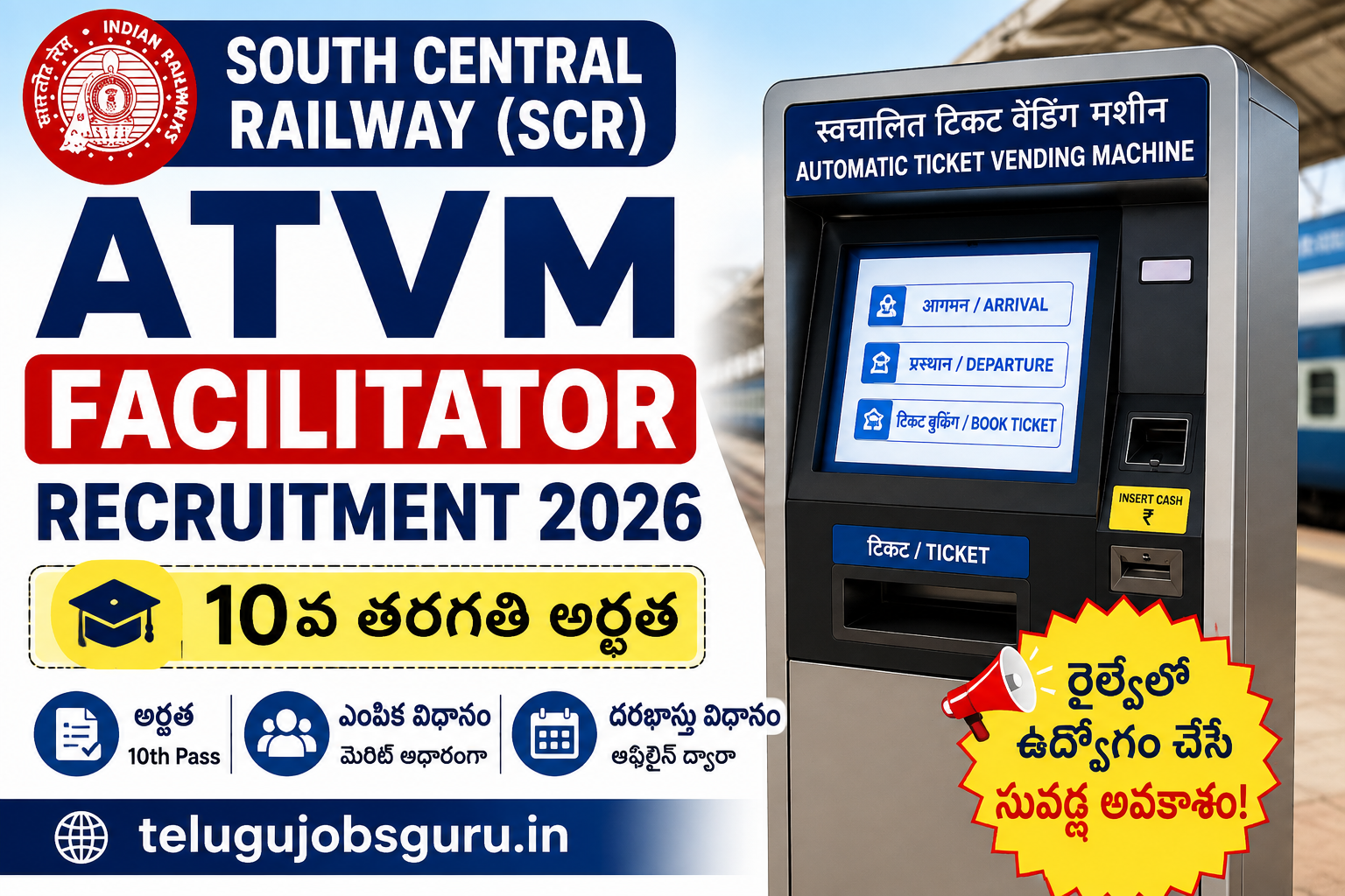 SCR ATVM Facilitator Recruitment 2026 Featured Image – South Central Railway 10వ తరగతి అర్హతతో ఉద్యోగాల నోటిఫికేషన్ | telugujobsguru.in