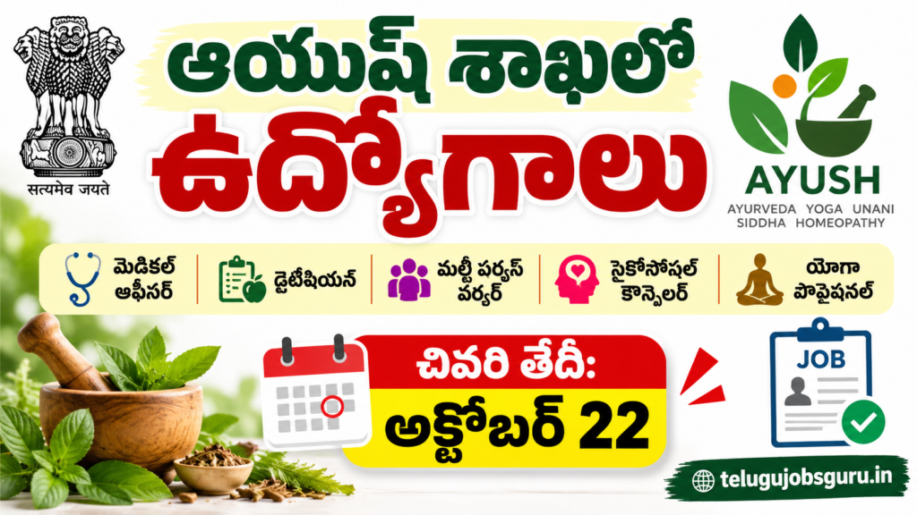 Hyderabad AYUSH Jobs 2026 notification featuring Medical Officer, Dietician, Multi Purpose Worker and Yoga Professional vacancies with October 22 last date