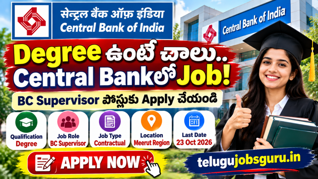 Central Bank of India BC Supervisor Recruitment 2026 for degree holders