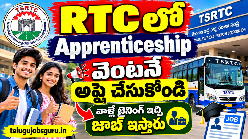 RTC Apprenticeship 2026 notification for ITI, Diploma and B.Tech candidates with students and an RTC bus.