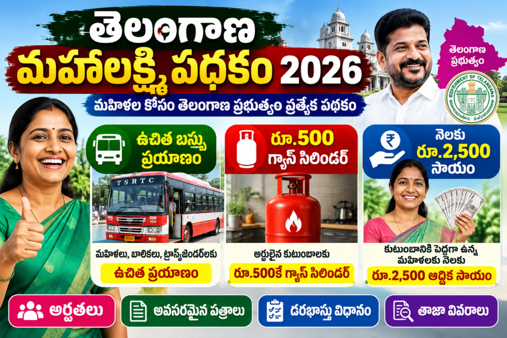 Telangana Maha Lakshmi Scheme 2026 – ఉచిత బస్సు ప్రయాణం, రూ.500 గ్యాస్ సిలిండర్, రూ.2,500 ఆర్థిక సాయం